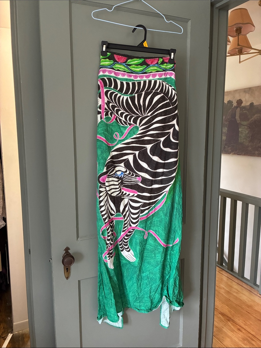 Anthropologie Green Zebra Print Maxi Skirt with Pink Accents